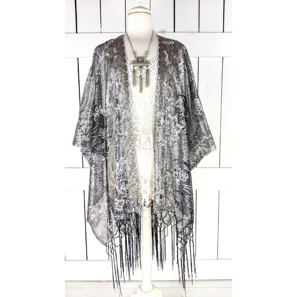 Silver and black sequin sheer kimono cover up jacket - Picture 2 of 6